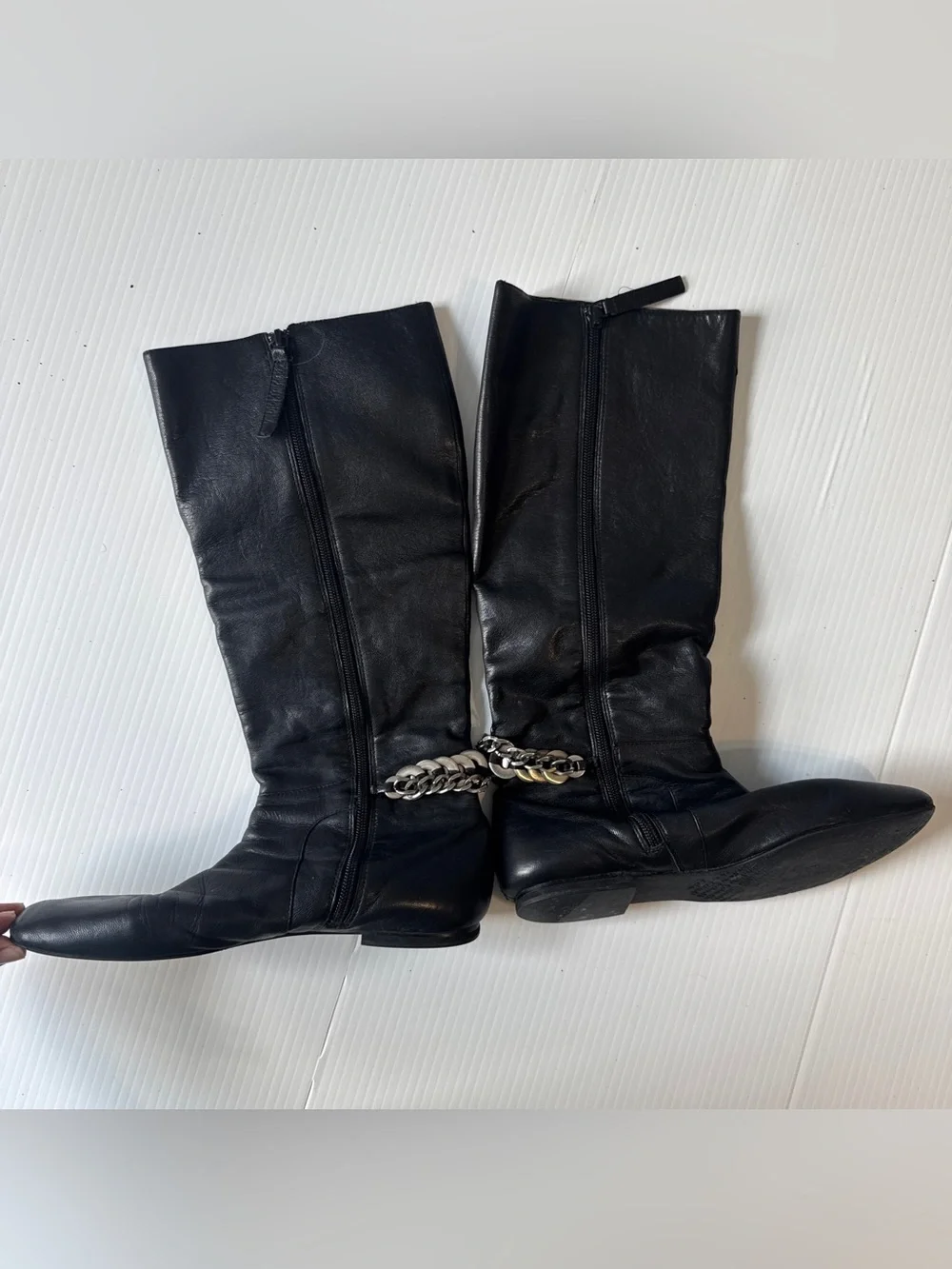 Calvin Klein Martha Black Leather Knee High Boots Chain Detail Riding Size 8M